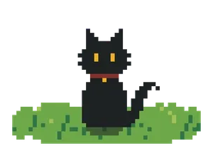 A pixel animation featuring a black cat with a waving tail sitting on grass. The black cat has yellow eyes and is wearing a red collar with a gold bell.